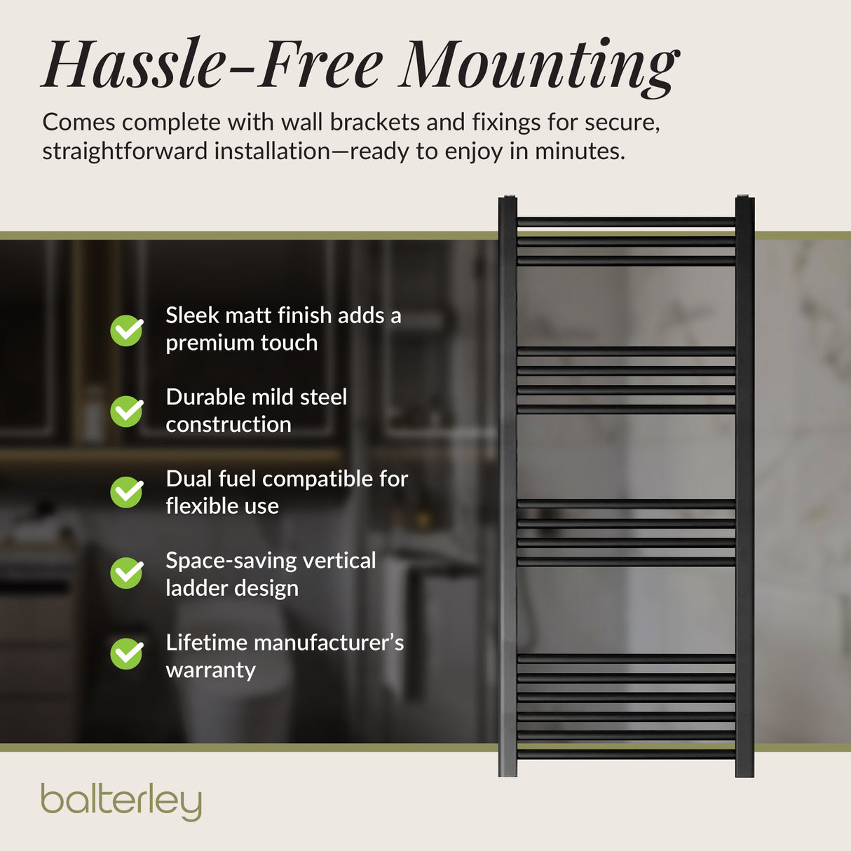 Straight Heated Heated Towel Rail Radiator, W: 600mm - Choice of Height and Finish