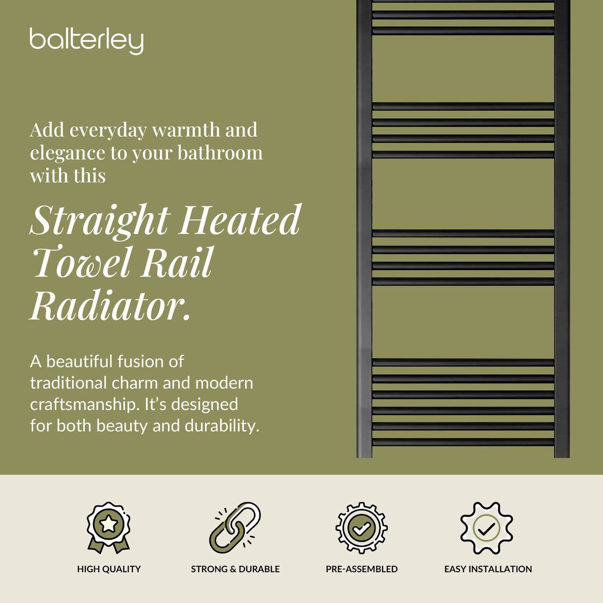 Straight Heated Heated Towel Rail Radiator, W: 600mm - Choice of Height and Finish