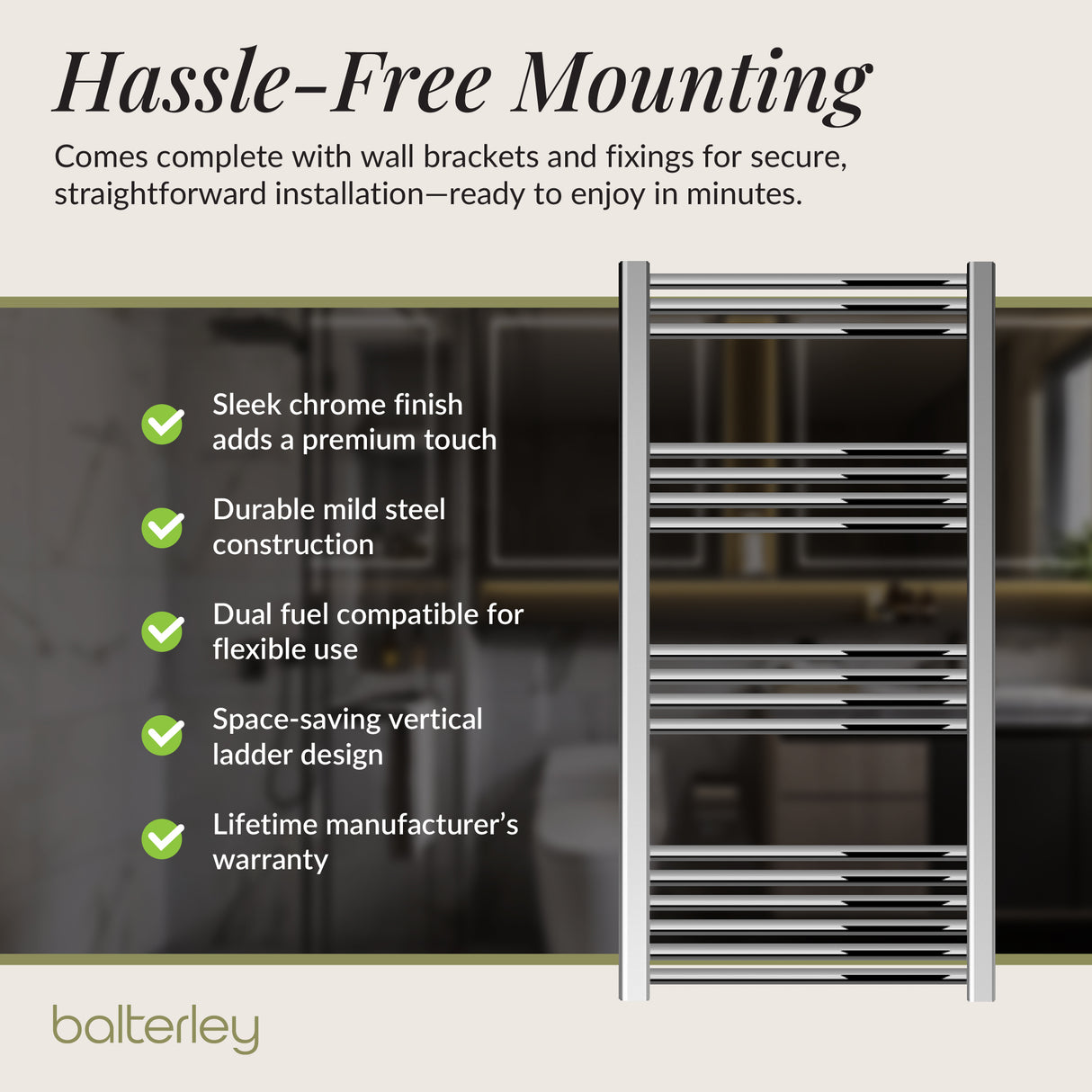 Straight Heated Heated Towel Rail Radiator, W: 600mm - Choice of Height and Finish