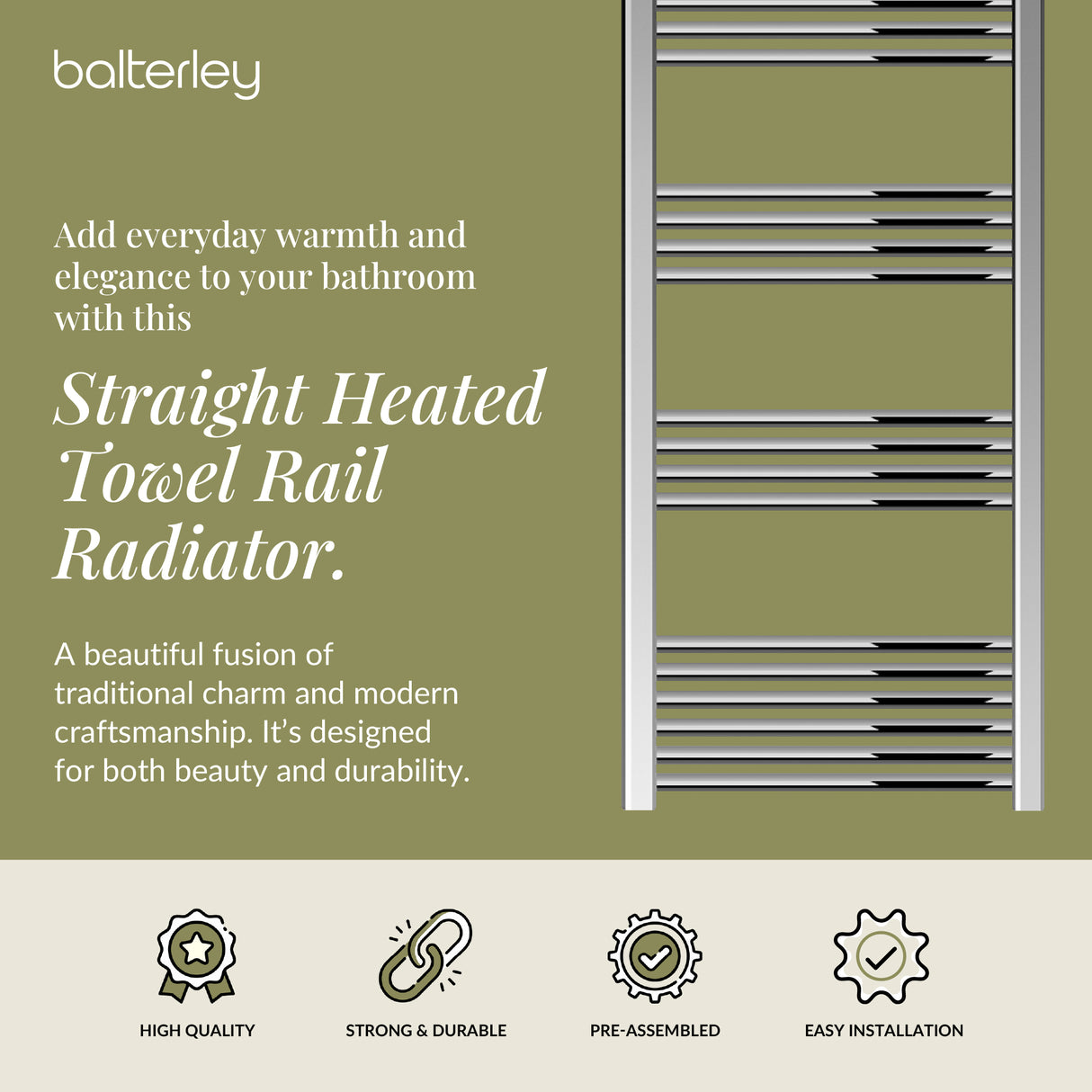 Straight Heated Heated Towel Rail Radiator, W: 600mm - Choice of Height and Finish