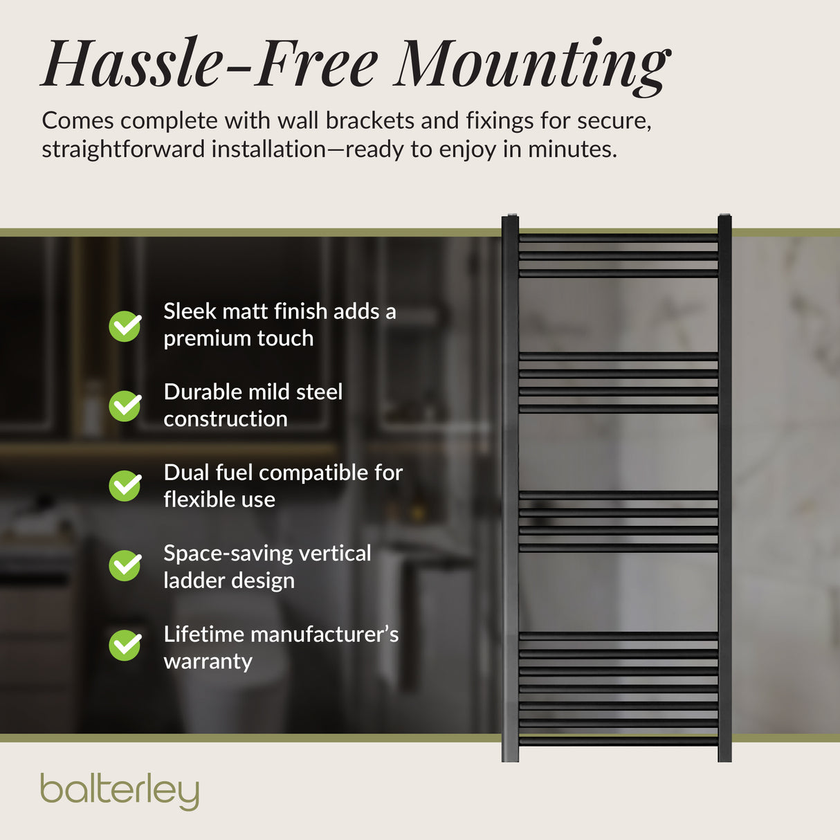 Straight Heated Heated Towel Rail Radiator, W: 600mm - Choice of Height and Finish