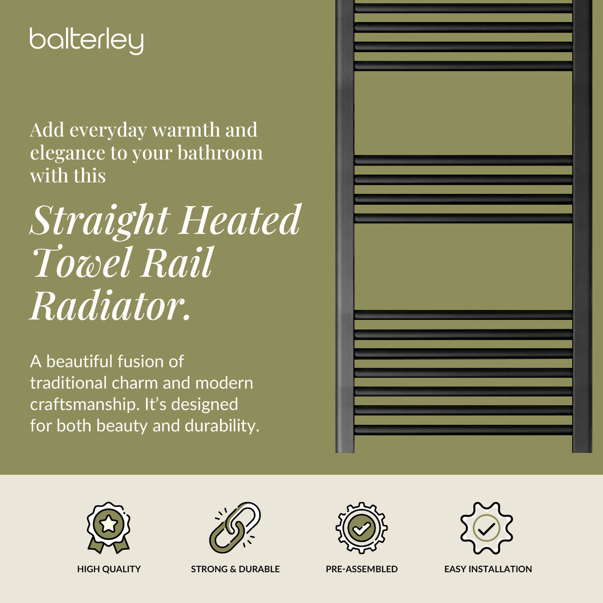 Straight Heated Heated Towel Rail Radiator, W: 600mm - Choice of Height and Finish