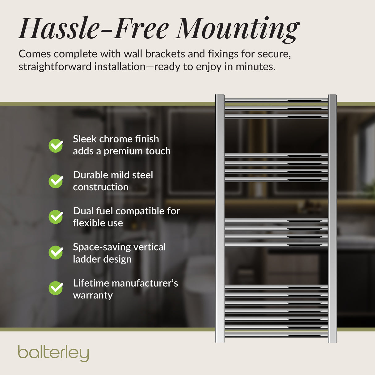 Straight Heated Heated Towel Rail Radiator, W: 600mm - Choice of Height and Finish