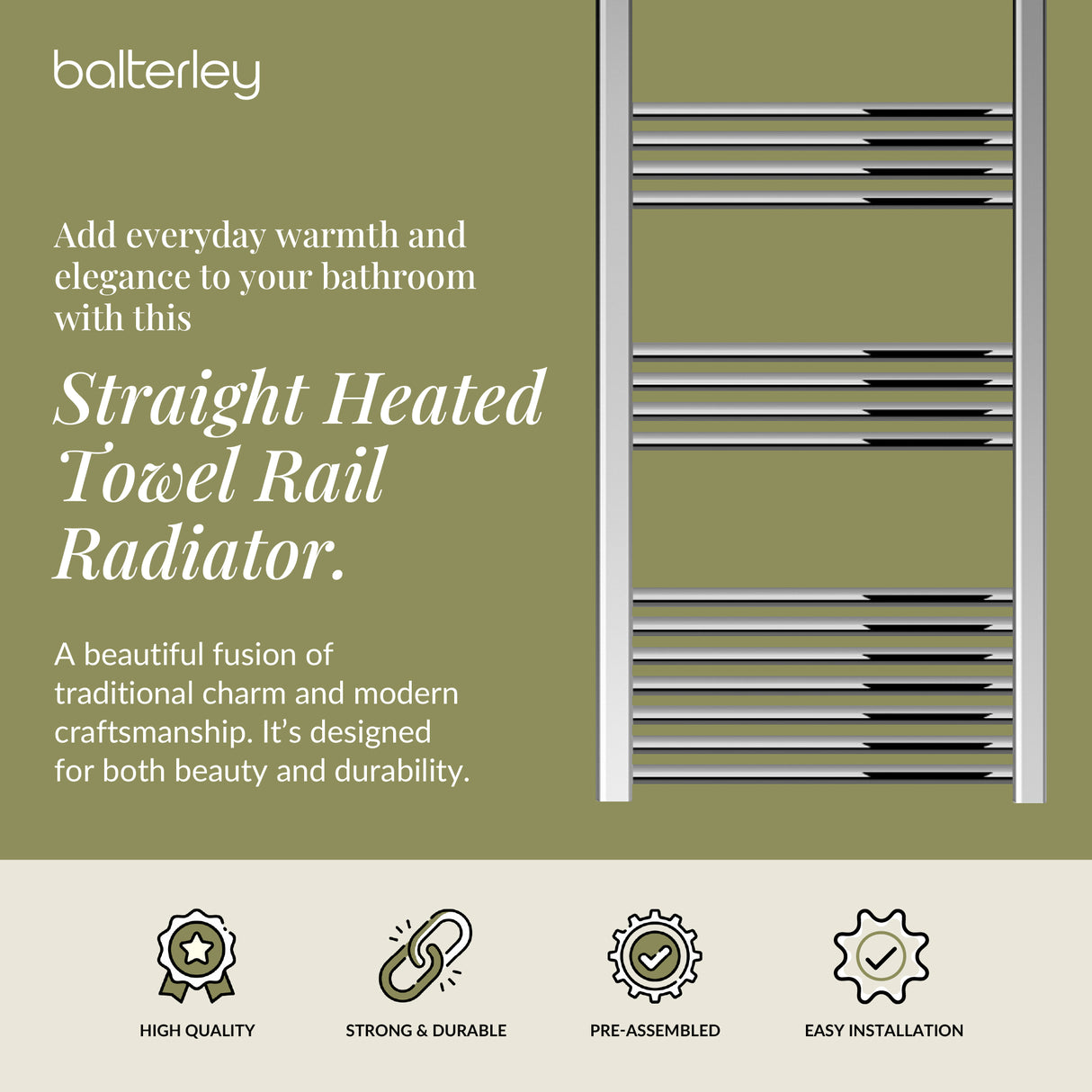 Straight Heated Heated Towel Rail Radiator, W: 600mm - Choice of Height and Finish