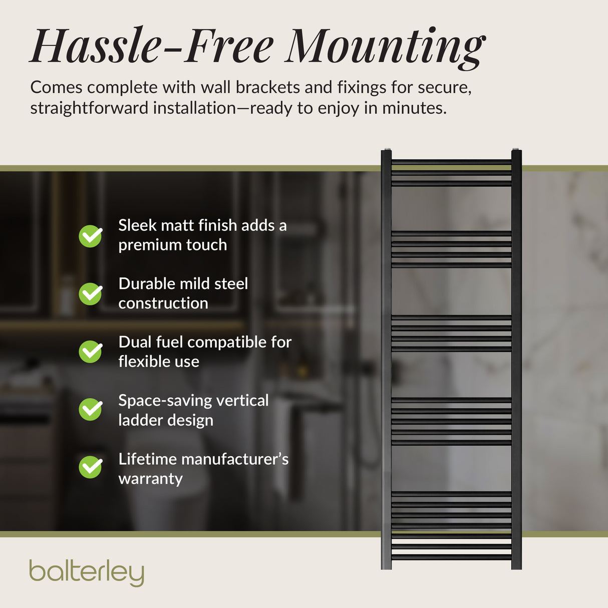 Straight Heated Heated Towel Rail Radiator, W: 600mm - Choice of Height and Finish