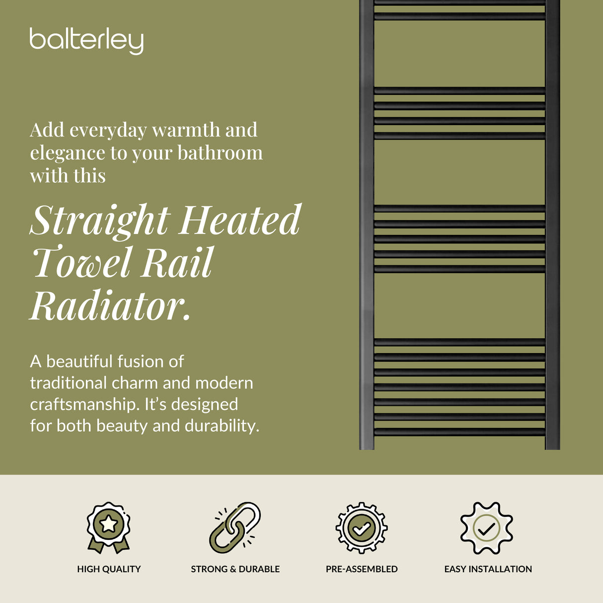 Straight Heated Heated Towel Rail Radiator, W: 600mm - Choice of Height and Finish