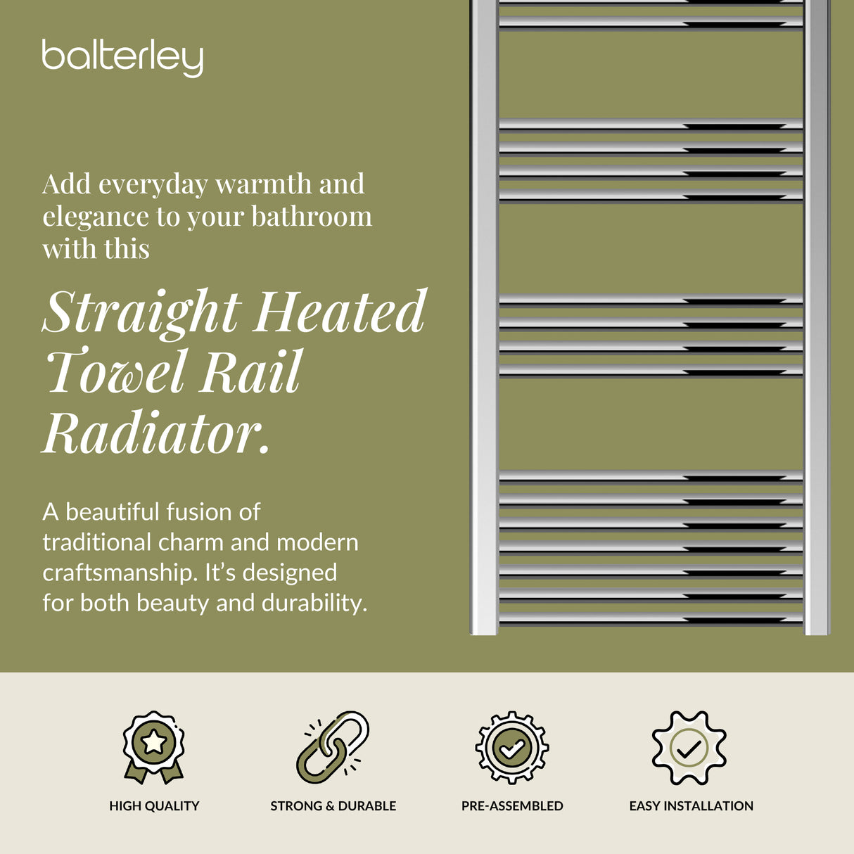 Straight Heated Heated Towel Rail Radiator, W: 600mm - Choice of Height and Finish