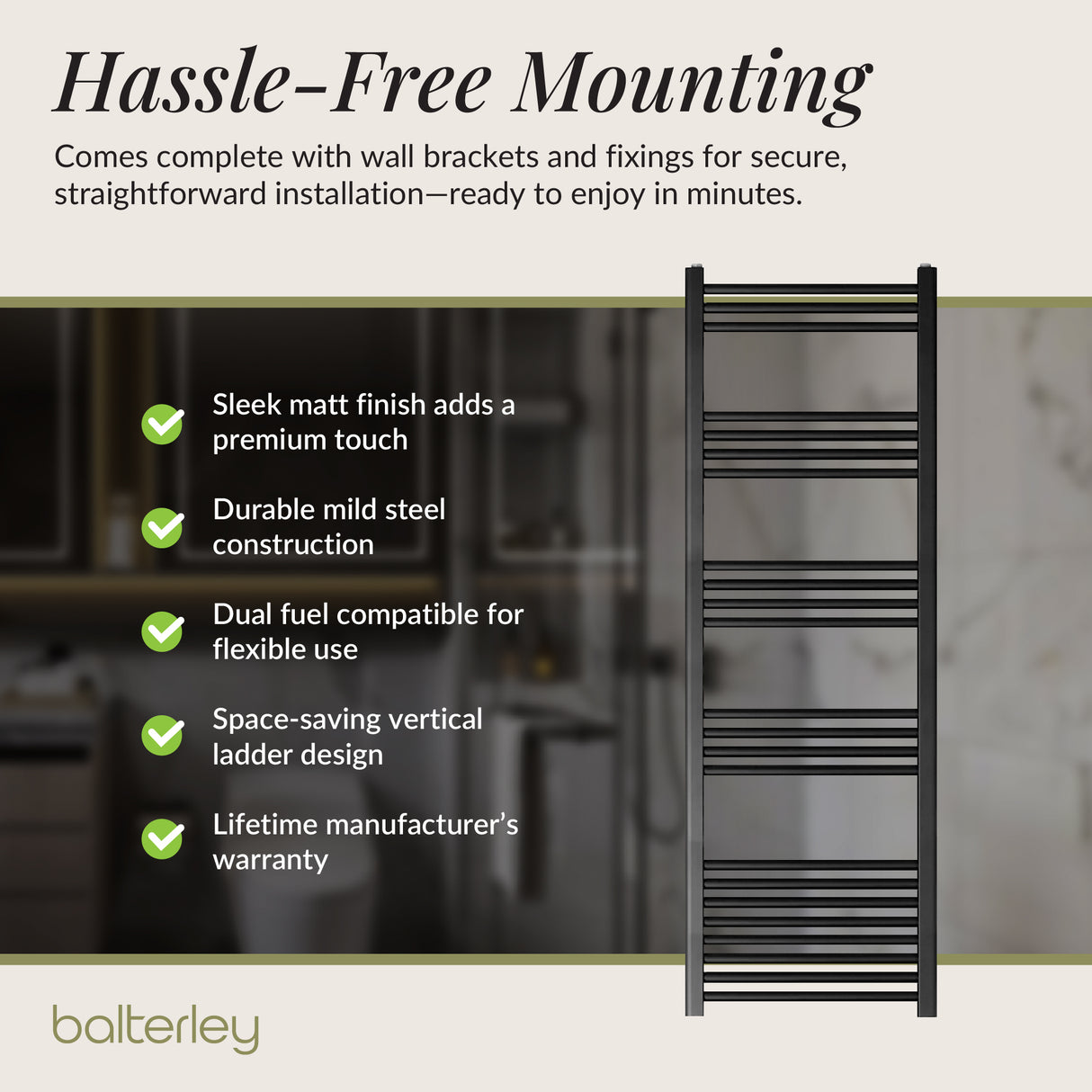 Straight Heated Heated Towel Rail Radiator, W: 600mm - Choice of Height and Finish