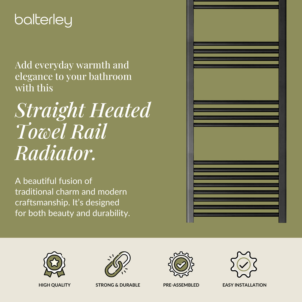 Straight Heated Heated Towel Rail Radiator, W: 600mm - Choice of Height and Finish
