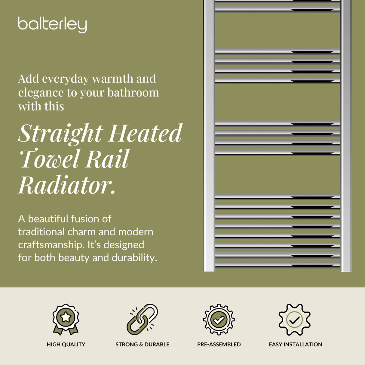 Straight Heated Heated Towel Rail Radiator, W: 600mm - Choice of Height and Finish