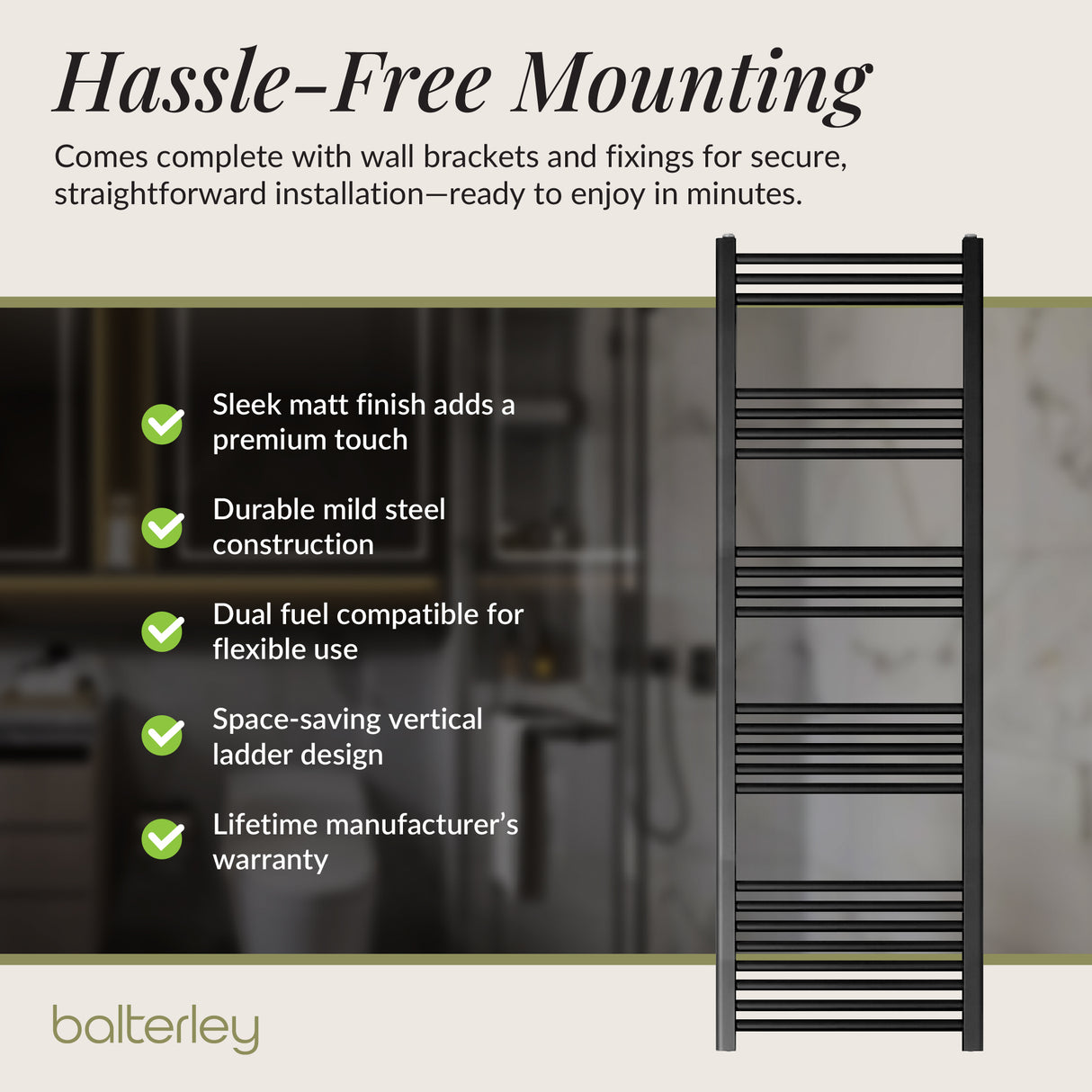 Straight Heated Heated Towel Rail Radiator, W: 600mm - Choice of Height and Finish