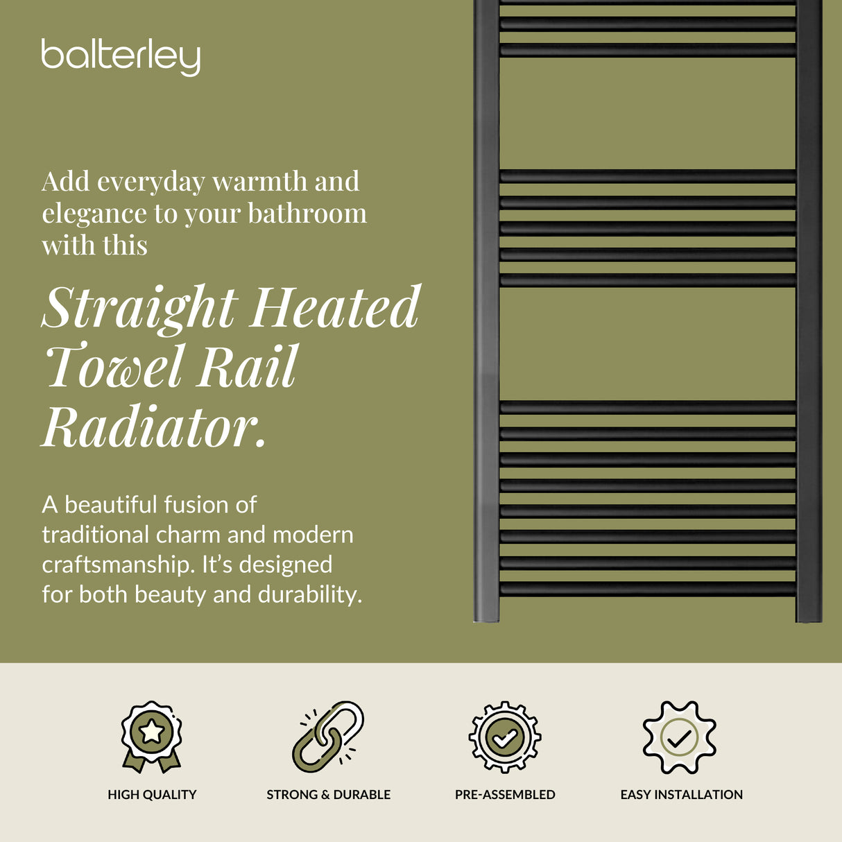 Straight Heated Heated Towel Rail Radiator, W: 600mm - Choice of Height and Finish