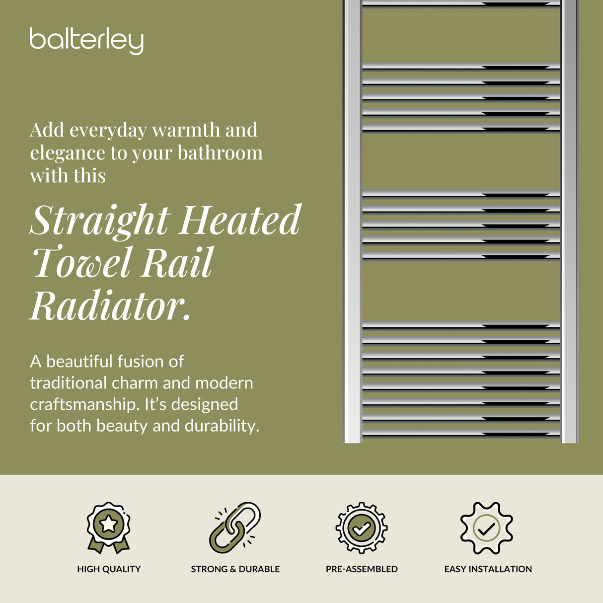 Straight Heated Heated Towel Rail Radiator, W: 600mm - Choice of Height and Finish