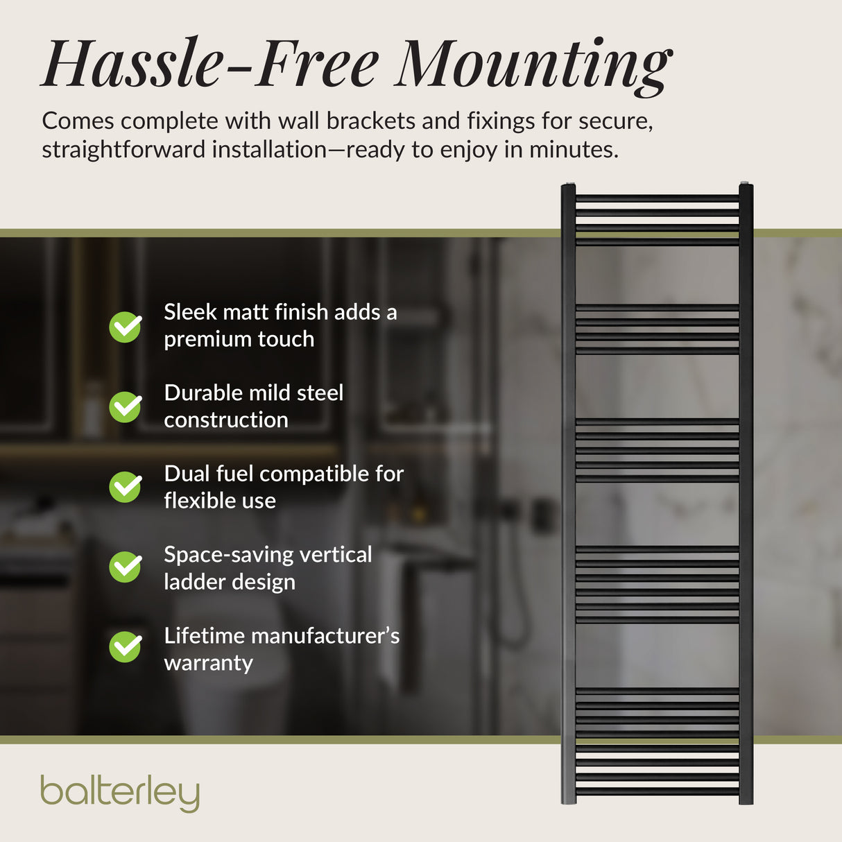 Straight Heated Heated Towel Rail Radiator, W: 600mm - Choice of Height and Finish