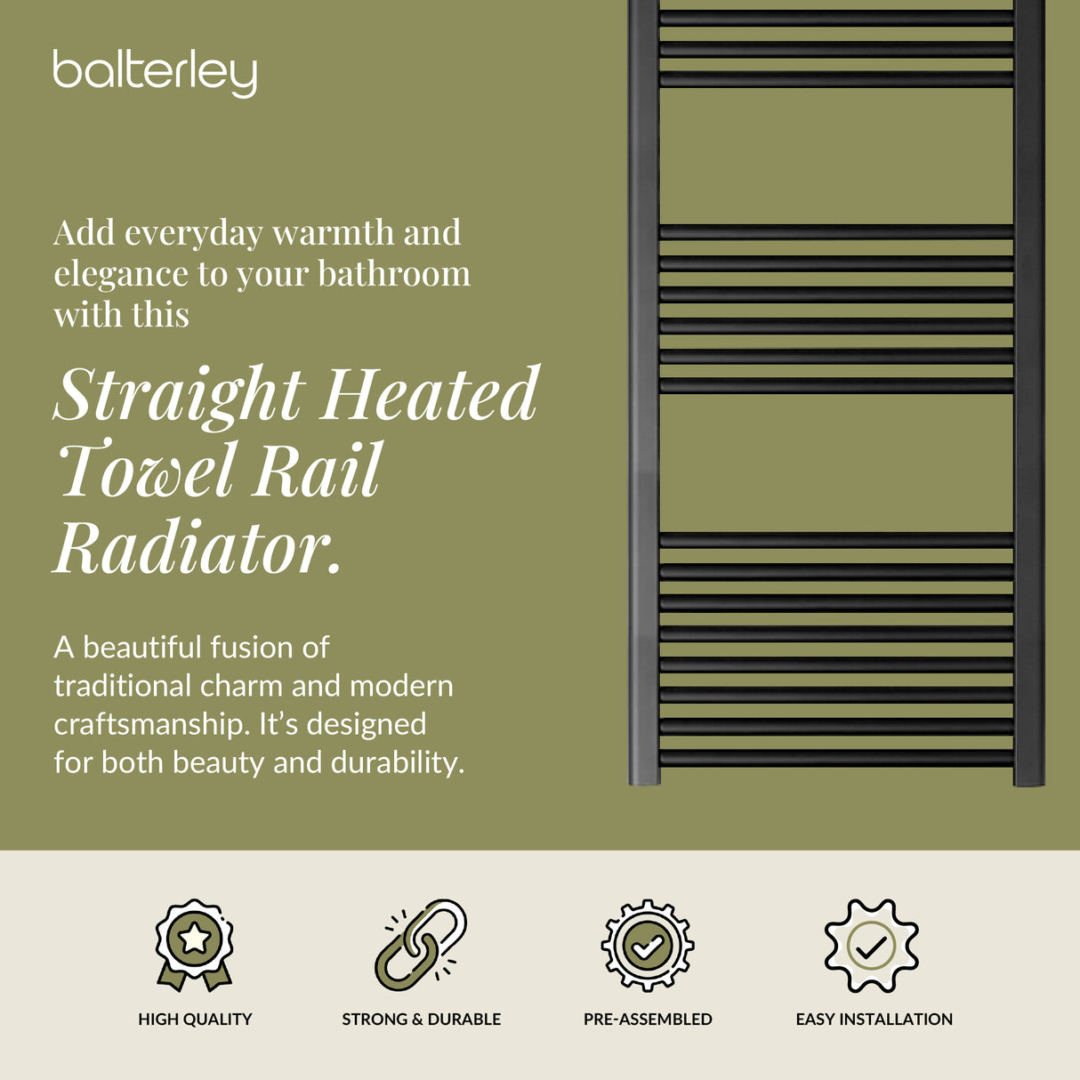 Straight Heated Heated Towel Rail Radiator, W: 600mm - Choice of Height and Finish