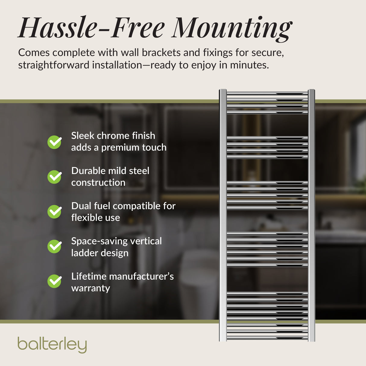 Straight Heated Heated Towel Rail Radiator, W: 600mm - Choice of Height and Finish