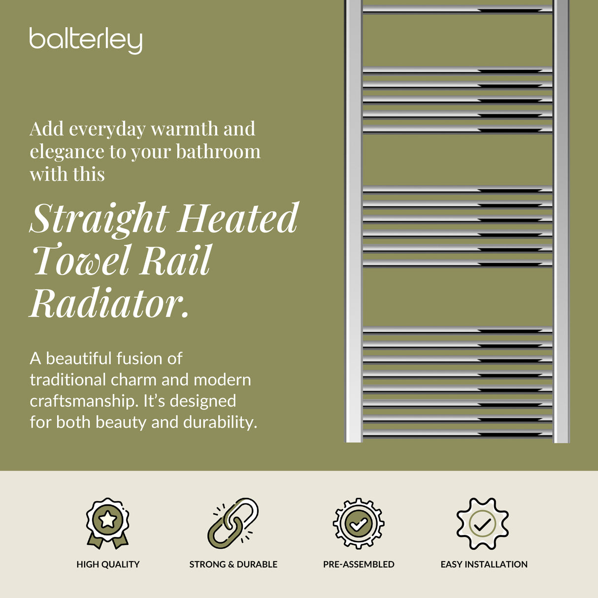 Straight Heated Heated Towel Rail Radiator, W: 600mm - Choice of Height and Finish