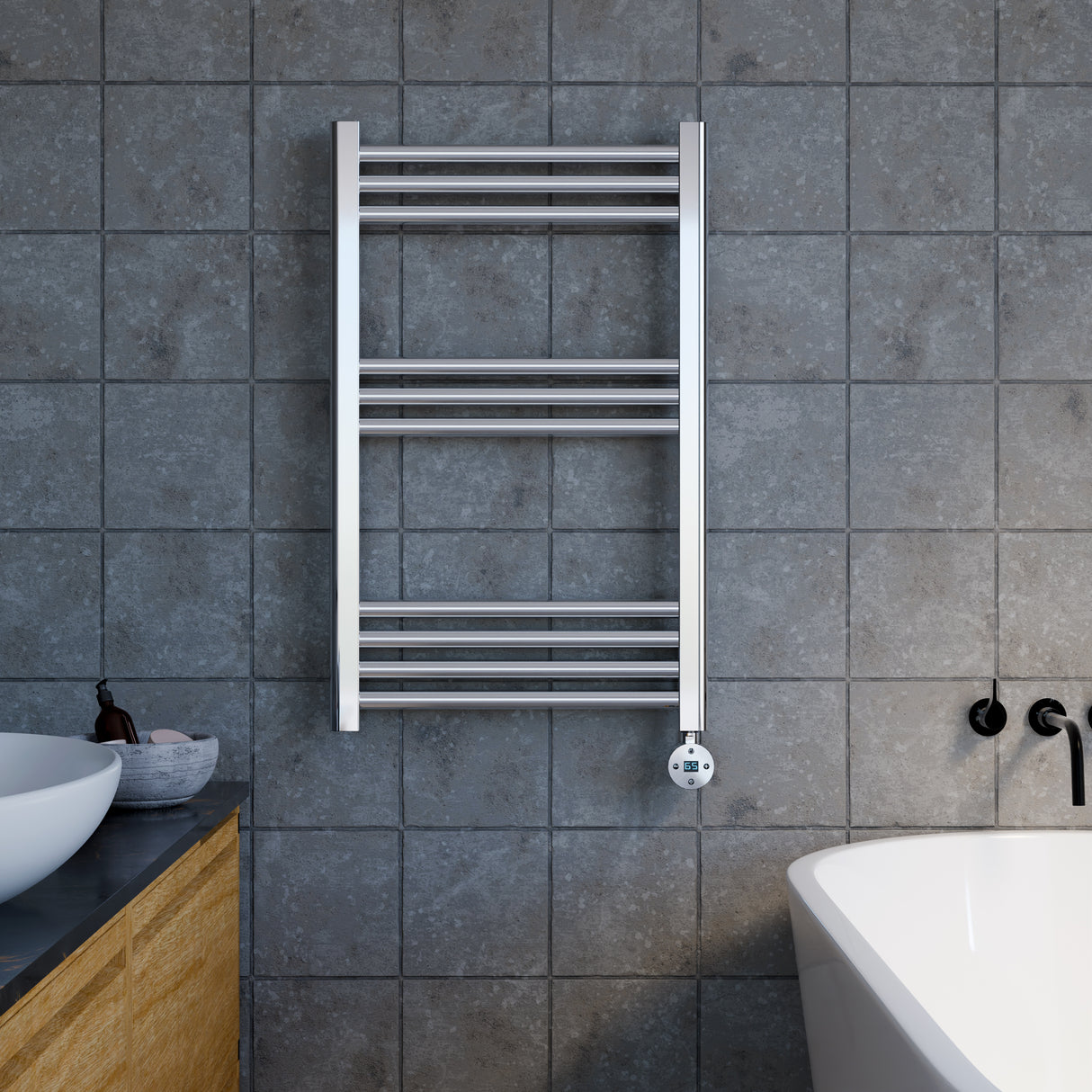Electric Round Tube Heated Towel Rail with 10 Bars, 800 x 500mm, Choice of Finish