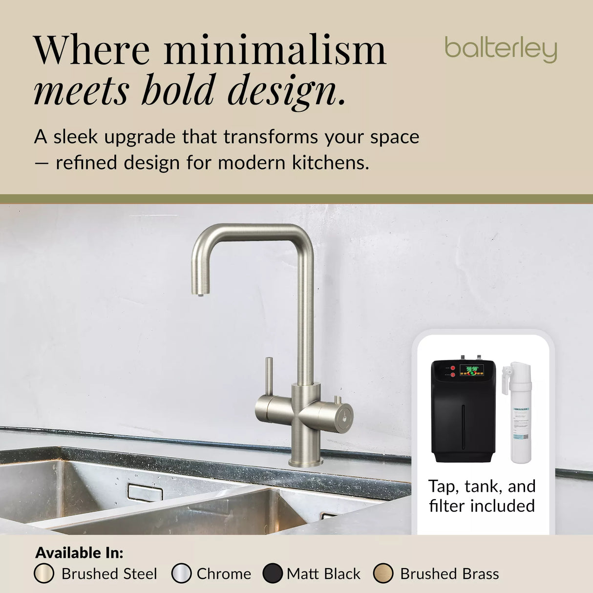3 in 1 Boiling Water Tap Kit - Instant Hot Water Tap with Dual Lever Handles,Tank and Filter in a range of finishes