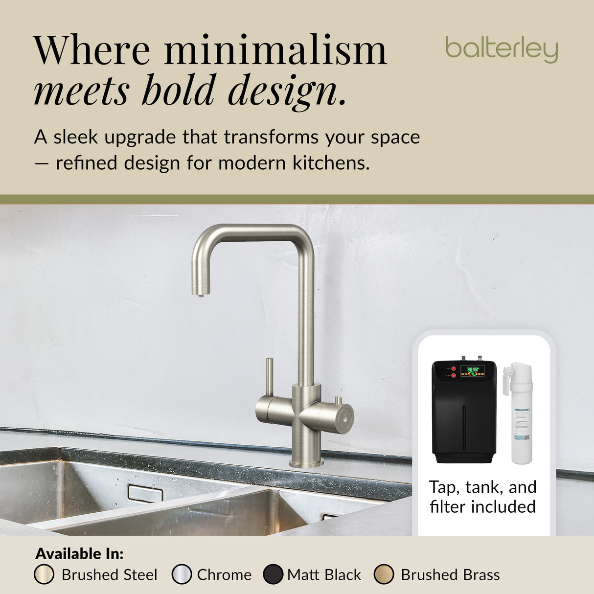 3 in 1 Boiling Water Tap Kit - Instant Hot Water Tap with Dual Lever Handles,Tank and Filter in a range of finishes
