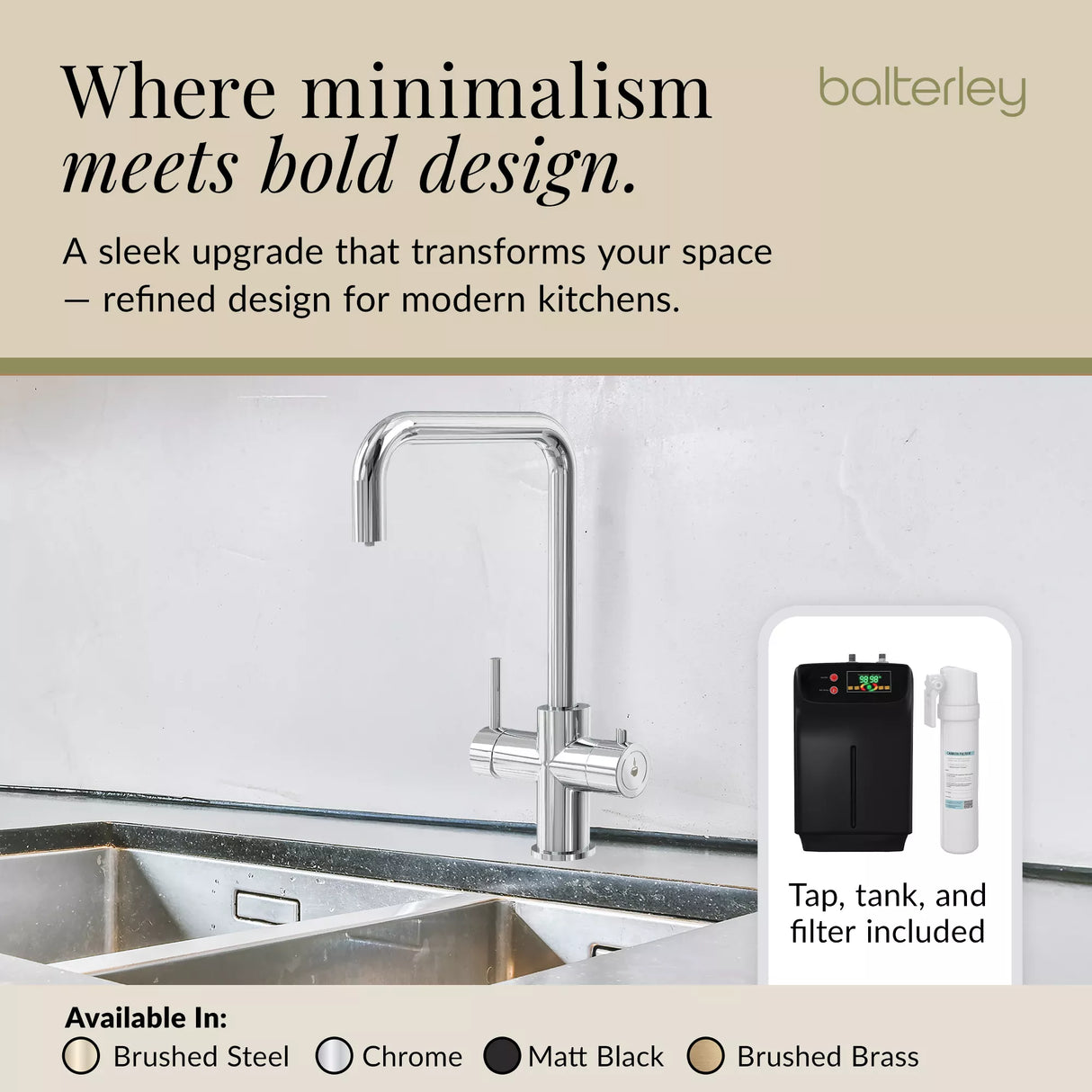 3 in 1 Boiling Water Tap Kit - Instant Hot Water Tap with Dual Lever Handles,Tank and Filter in a range of finishes