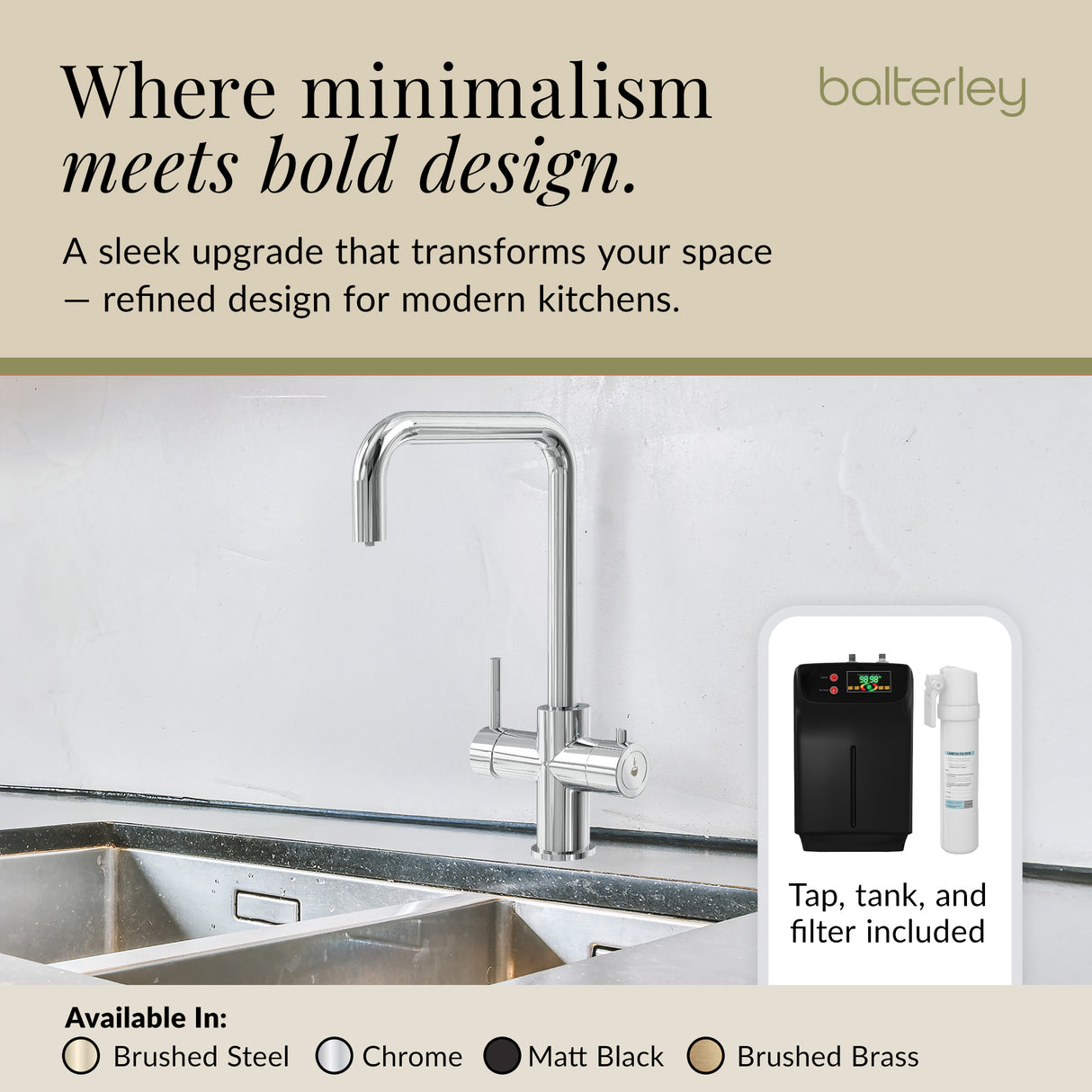 3 in 1 Boiling Water Tap Kit - Instant Hot Water Tap with Dual Lever Handles,Tank and Filter in a range of finishes