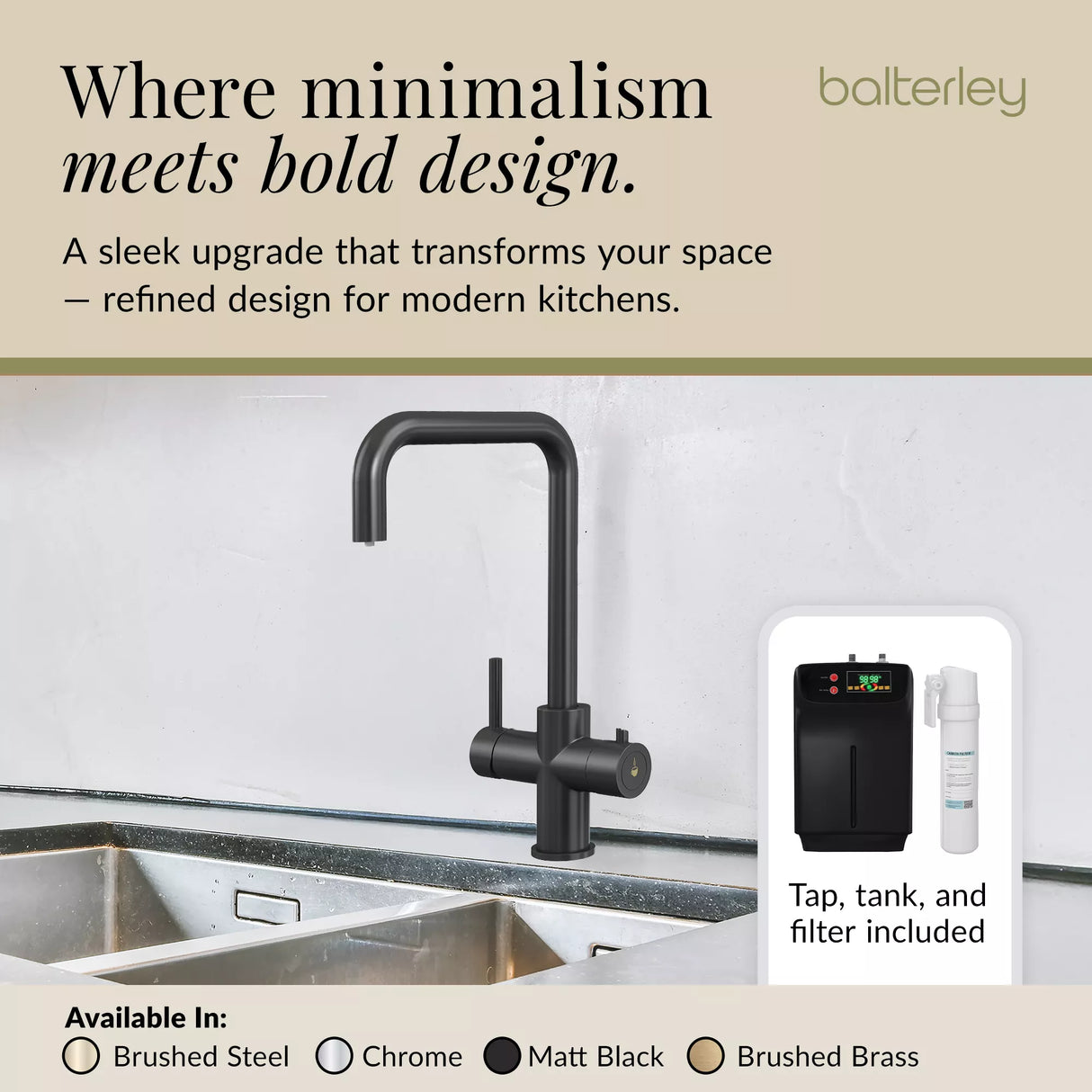 3 in 1 Boiling Water Tap Kit - Instant Hot Water Tap with Dual Lever Handles,Tank and Filter in a range of finishes