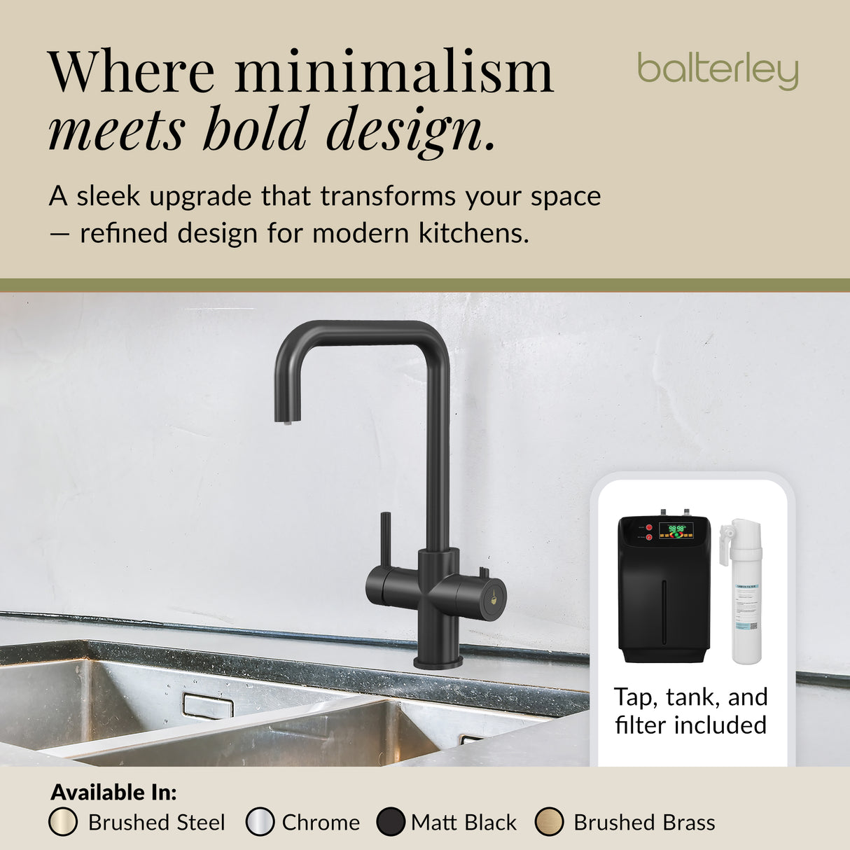 3 in 1 Boiling Water Tap Kit - Instant Hot Water Tap with Dual Lever Handles,Tank and Filter in a range of finishes