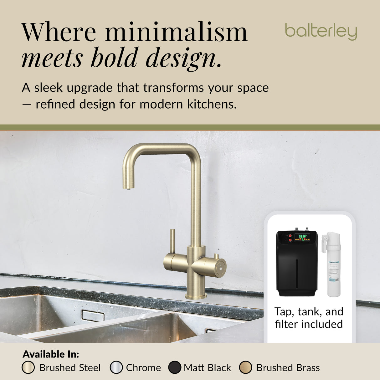3 in 1 Boiling Water Tap Kit - Instant Hot Water Tap with Dual Lever Handles,Tank and Filter in a range of finishes