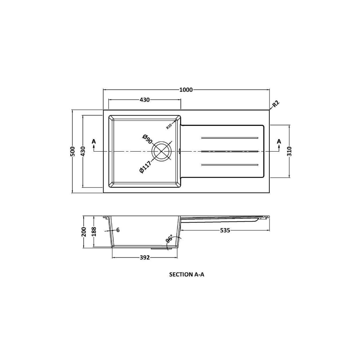 101cm Composite Inset Kitchen Sink with Overflow & Drainer - Available in Multiple Colours