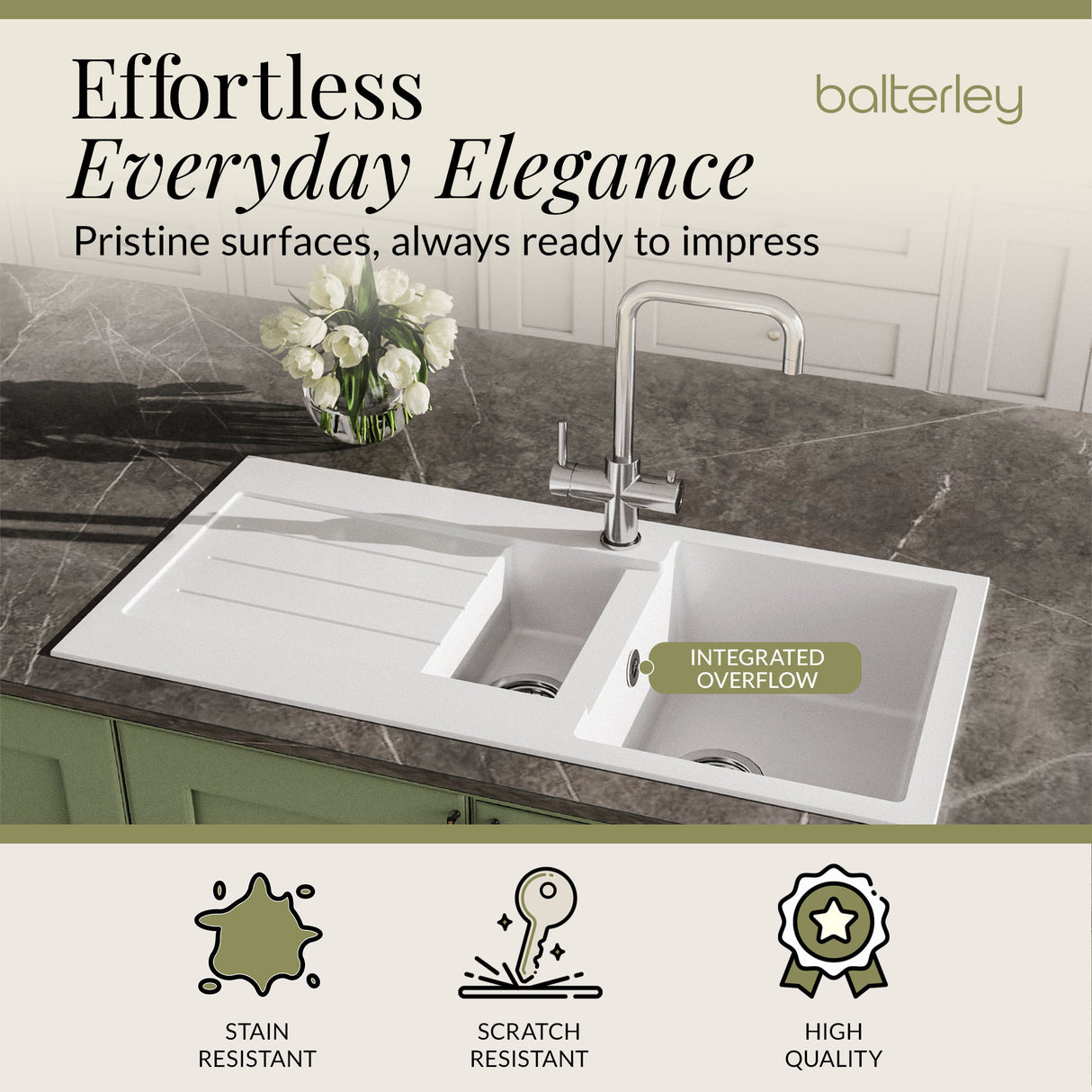 101cm Composite Inset Kitchen Sink with Overflow & Drainer - Available in Multiple Colours