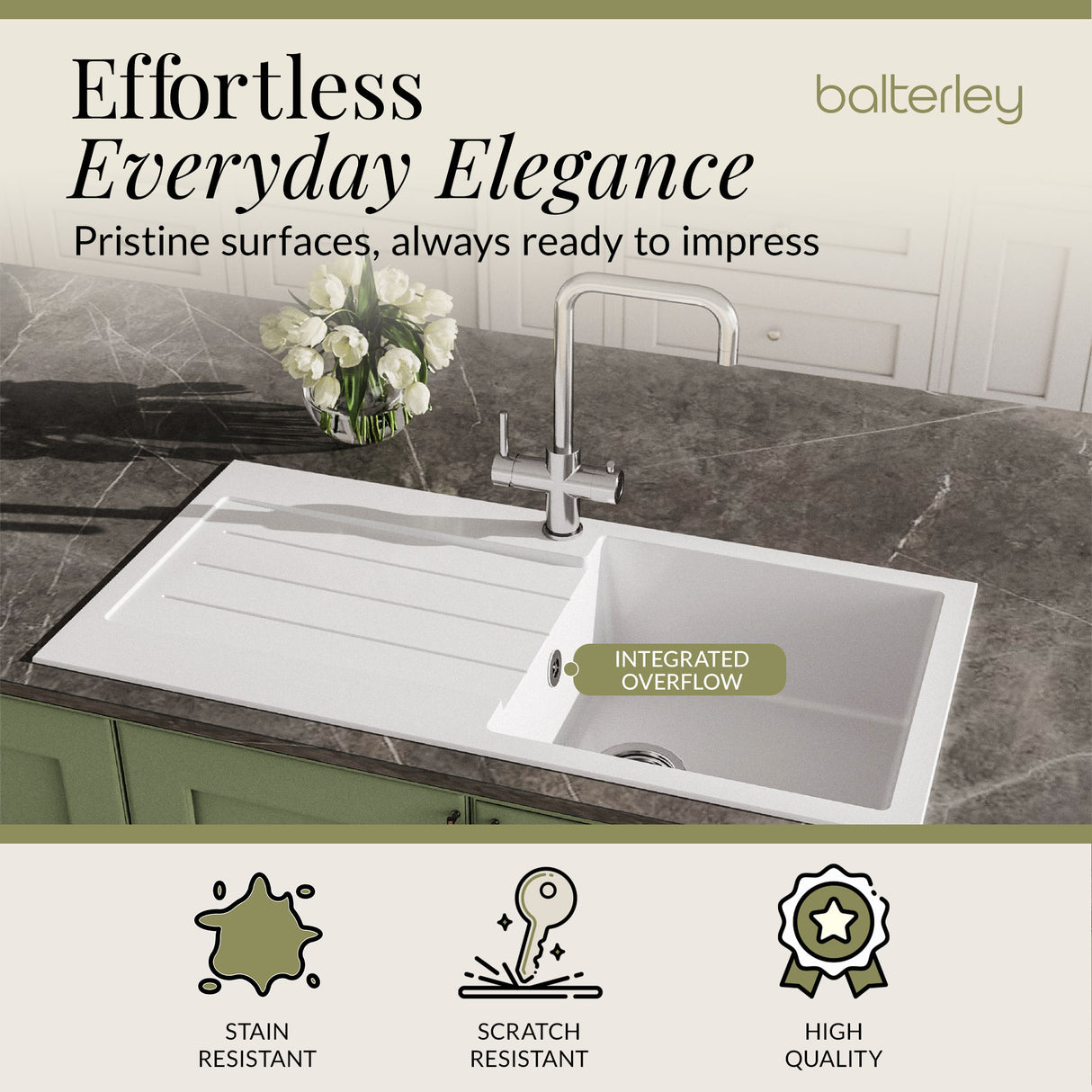 101cm Composite Inset Kitchen Sink with Overflow & Drainer - Available in Multiple Colours