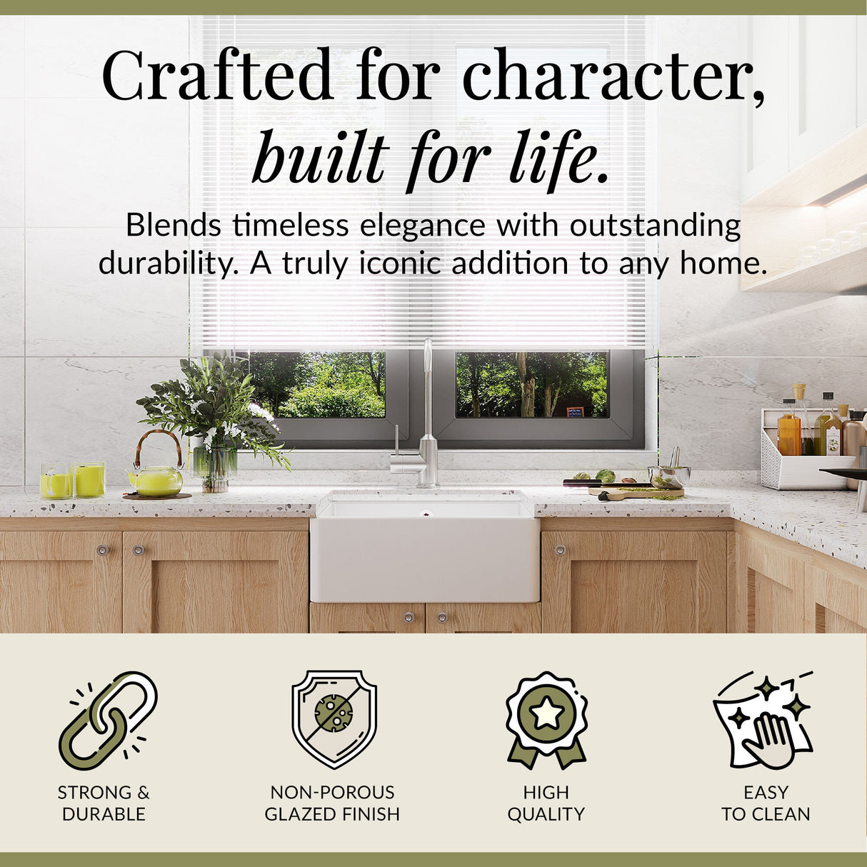 Single Bowl Fireclay Ceramic Butler Kitchen Sink with Overflow - 595mm