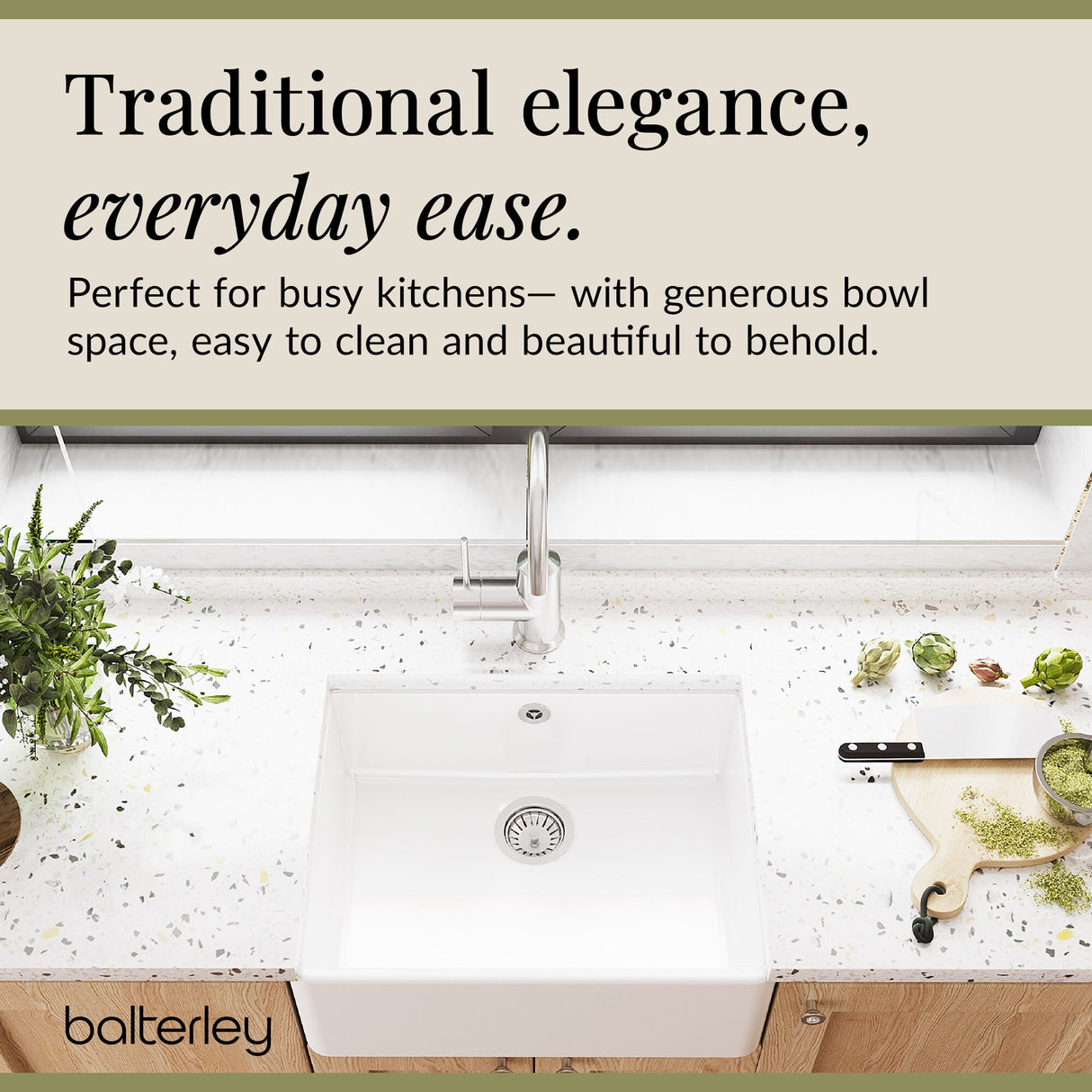 Single Bowl Fireclay Ceramic Butler Kitchen Sink with Overflow - 595mm