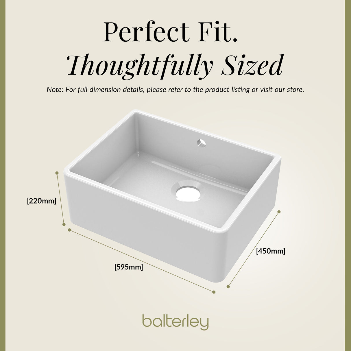 Single Bowl Fireclay Ceramic Butler Kitchen Sink with Overflow - 595mm