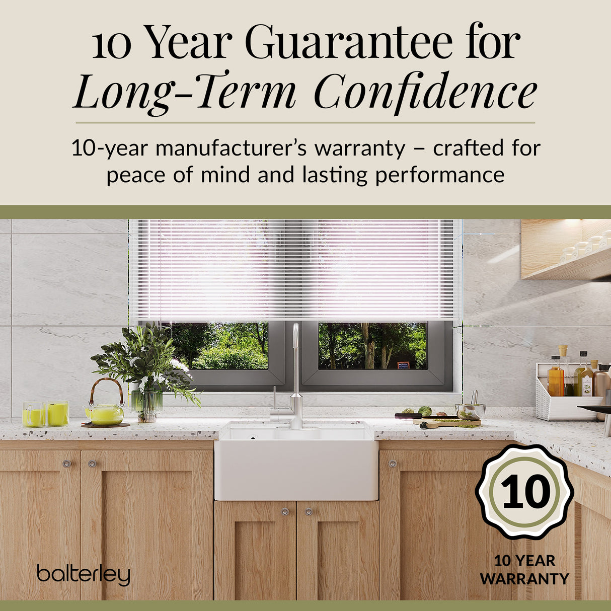 Single Bowl Fireclay Ceramic Butler Kitchen Sink with Overflow and Tap Ledge with Tap Hole and Chrome Basket Strainer Waste with Overflow - 595mm