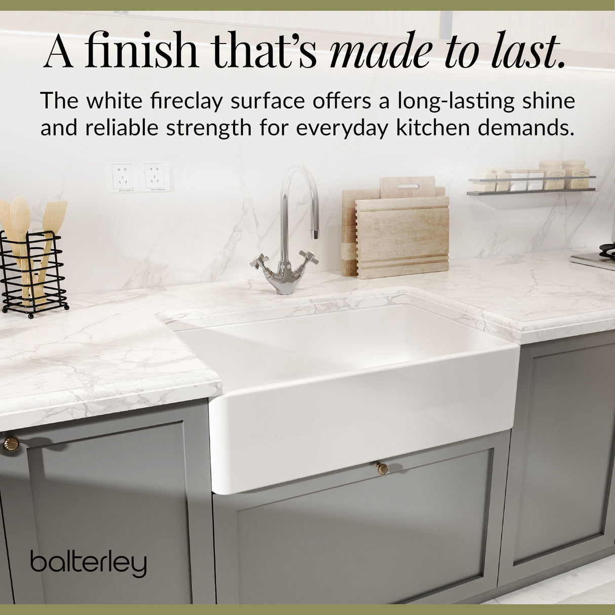 Single Bowl Fireclay Ceramic Butler Kitchen Sink with Chrome Basket Strainer Waste - 795mm