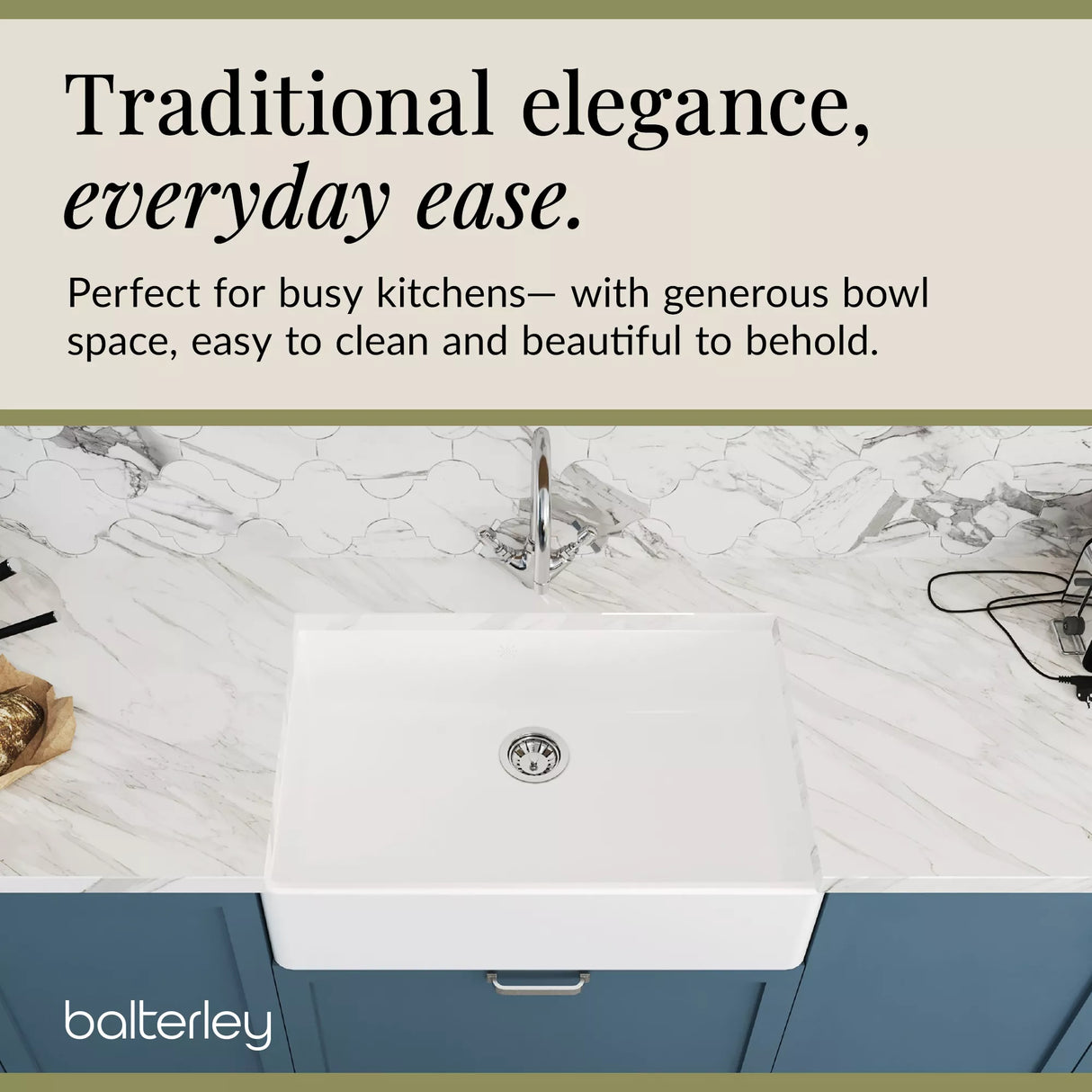 Single Bowl Fireclay Ceramic Butler Kitchen Sink Bundle with Mono Sink Mixer Tap & Waste