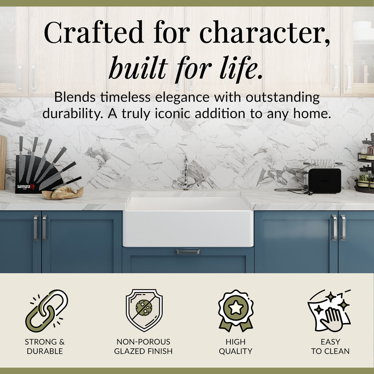 Single Bowl Fireclay Ceramic Butler Kitchen Sink Bundle with French Classic Tap & Waste