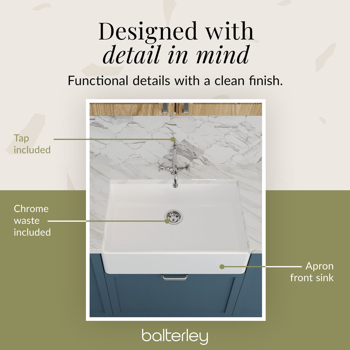 Single Bowl Fireclay Ceramic Butler Kitchen Sink Bundle with French Classic Tap & Waste