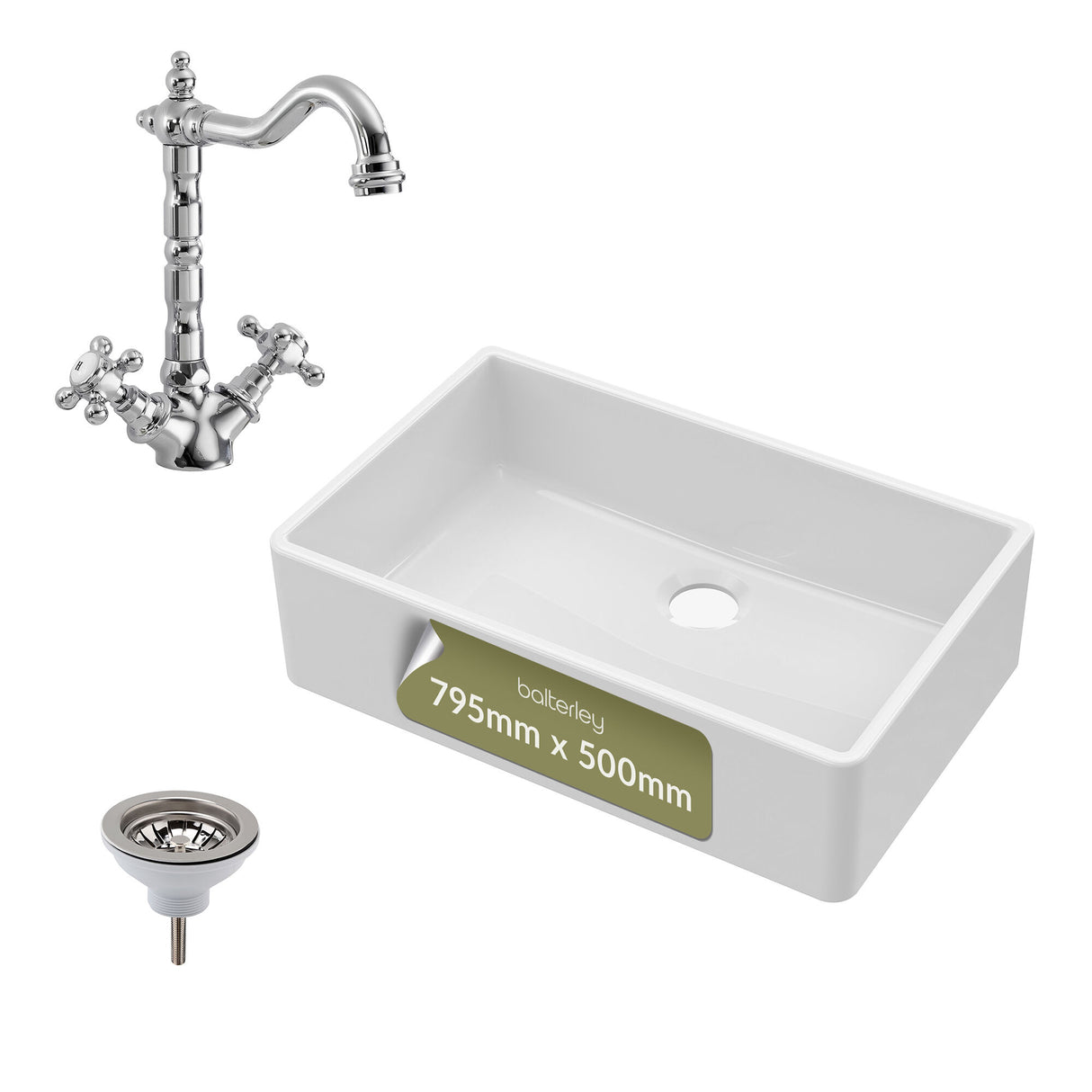 Single Bowl Fireclay Ceramic Butler Kitchen Sink Bundle with French Classic Tap & Waste