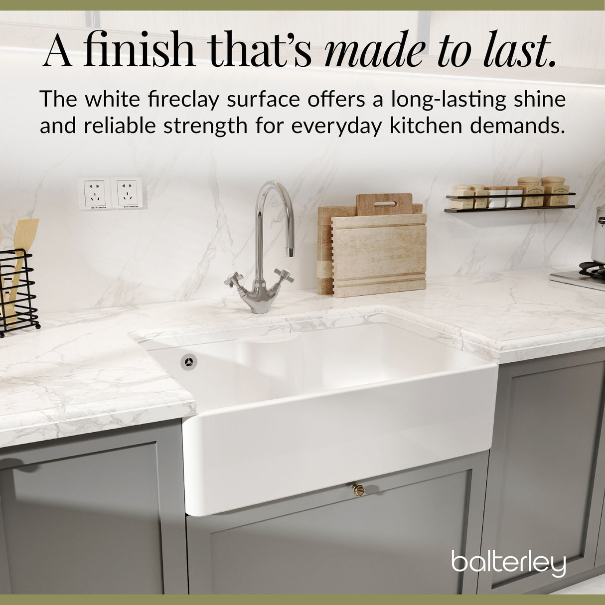 Single Bowl Fireclay Ceramic Butler Kitchen Sink with Tap Ledge and Overflow and Chrome Basket Strainer Waste - 795mm