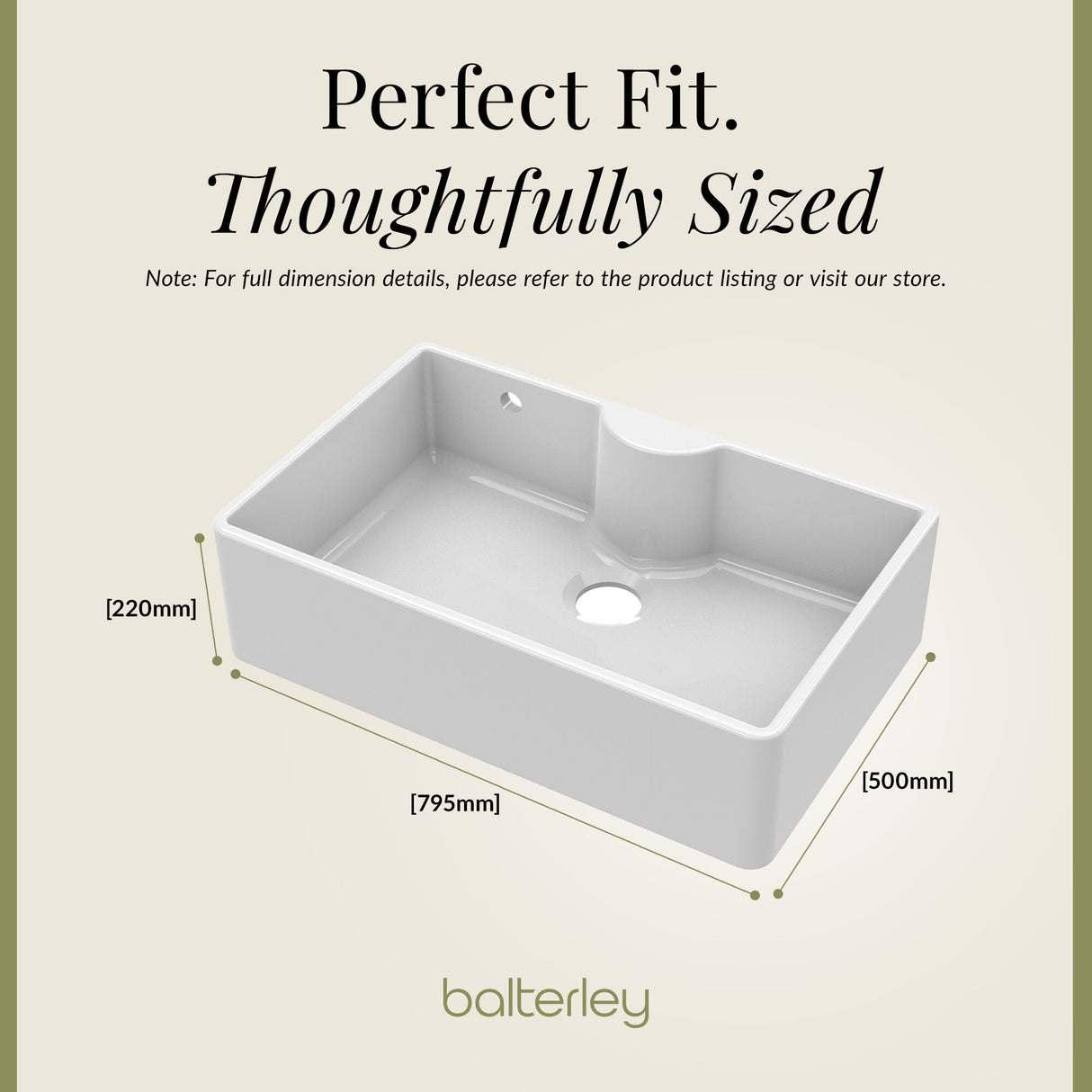 Single Bowl Fireclay Ceramic Butler Kitchen Sink with Tap Ledge and Overflow and Chrome Basket Strainer Waste - 795mm