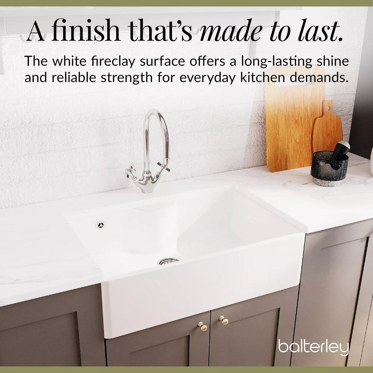 Single Bowl Fireclay Ceramic Butler Kitchen Sink Bundle with Tap Ledge, Tap & Waste