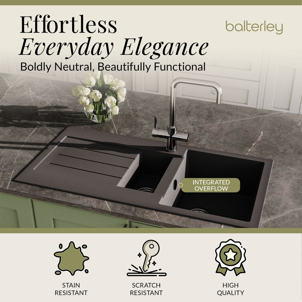 101cm Composite Inset Kitchen Sink with Overflow & Drainer - Available in Multiple Colours