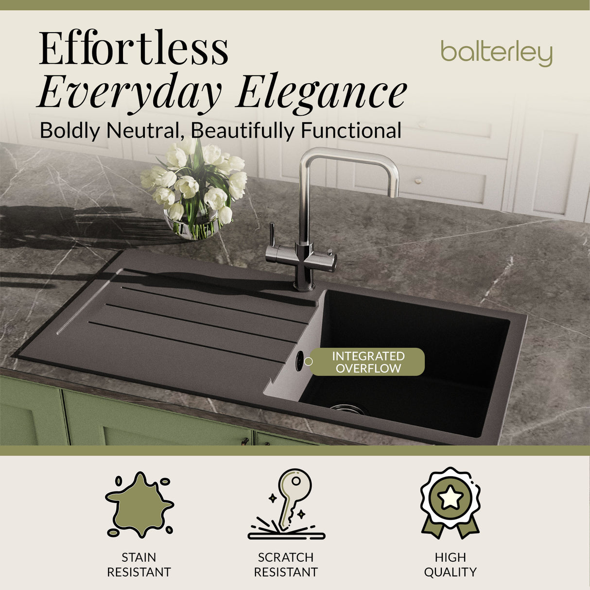 101cm Composite Inset Kitchen Sink with Overflow & Drainer - Available in Multiple Colours