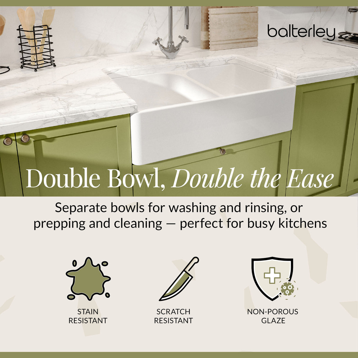 Double Bowl Fireclay Ceramic Butler Kitchen Sink with Full Weir - Choice of Colour