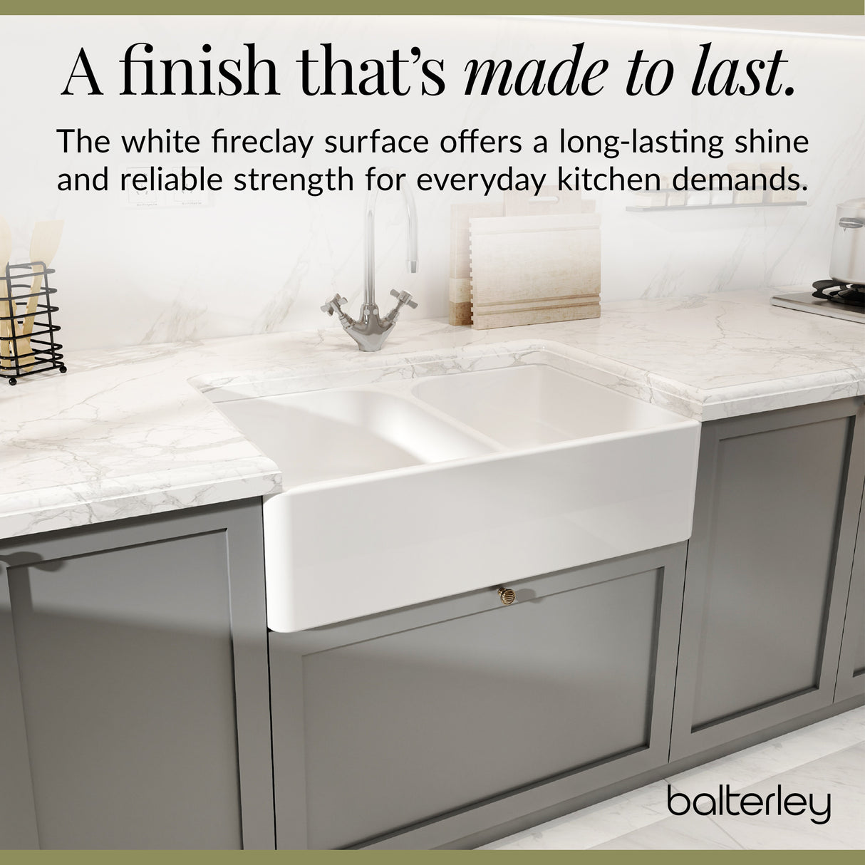 Double Bowl Fireclay Ceramic Butler Kitchen Sink Bundle with Full Weir & Wastes