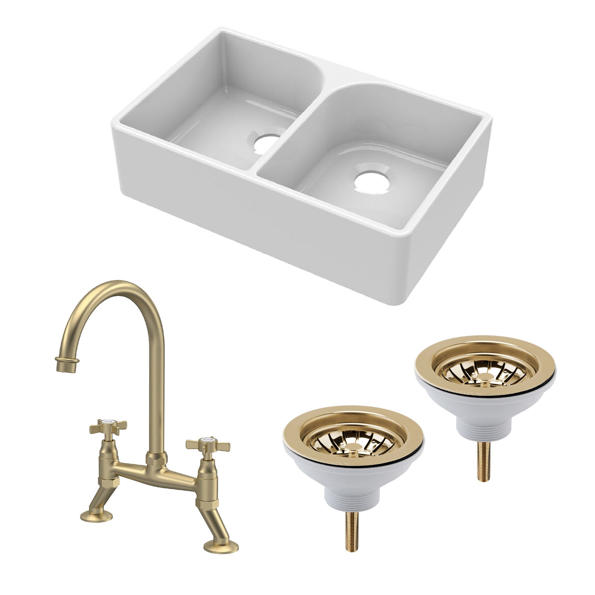 Fireclay Kitchen Bundle - Double Bowl Full Weir Butler Sink No Overflow, Wastes & Bridge Tap, 795mm - Brushed Brass
