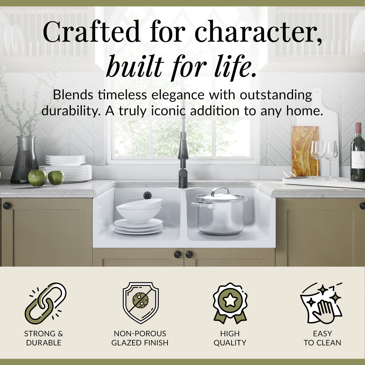 Double Bowl Butler Sink with Overflow - Choice of Tap and Waste - 795mm